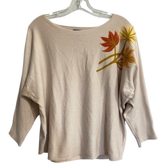 AAeda Sweaters - AAeda Sweater Women L Large Beige 3/4 Sleeve Felted Flowers Soft Boho Hippie